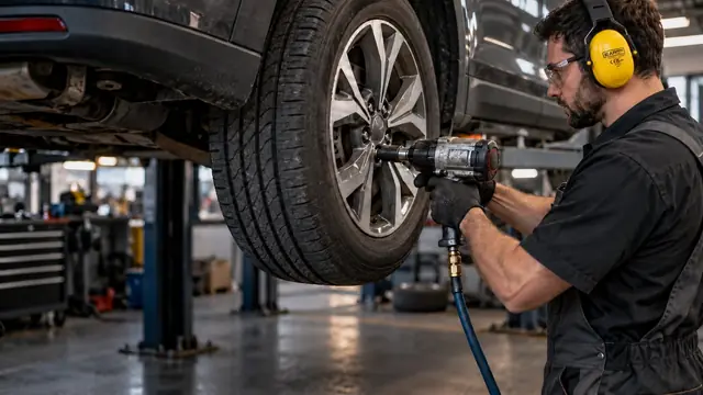 Mechanic with a pneumatic impact wrench on a car wheel, wearing yellow EarProtect earmuffs