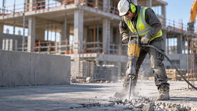 Construction worker with a demolition hammer on a building site, wearing a hard hat and EarProtect earmuffs