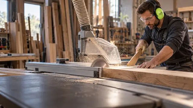 Joiner at a sliding table saw, wearing EarProtect earmuffs and safety glasses