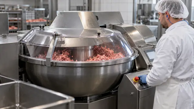 Meat processing at a bowl cutter, with blue detectable EarProtect earplugs with cord