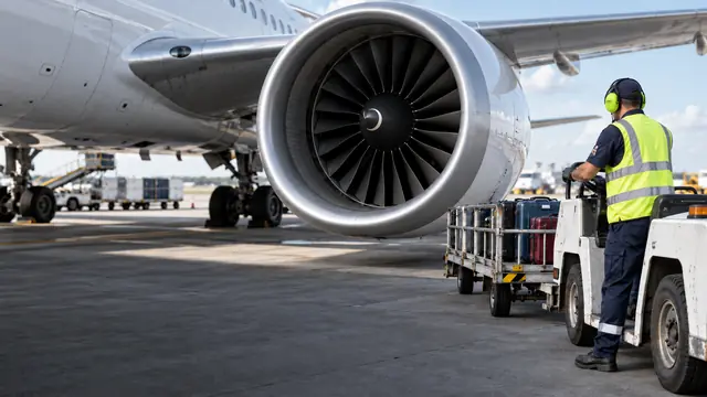 Ground staff on the airport apron next to an aircraft engine, wearing EarProtect earmuffs