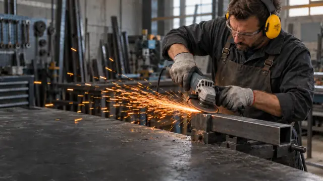 Metalworker grinding a steel profile with an angle grinder, wearing yellow EarProtect earmuffs and safety glasses