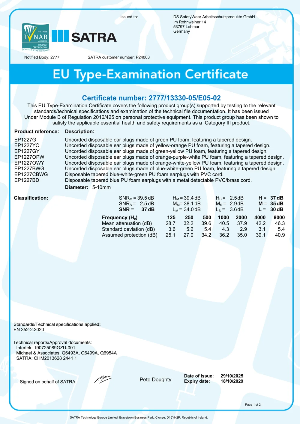 Page 1 of EU type-examination certificate 2777/13330-05/E05-02 from SATRA Technology Europe for the EarProtect EP1227 disposable earplugs, with product list, classification and frequency table
