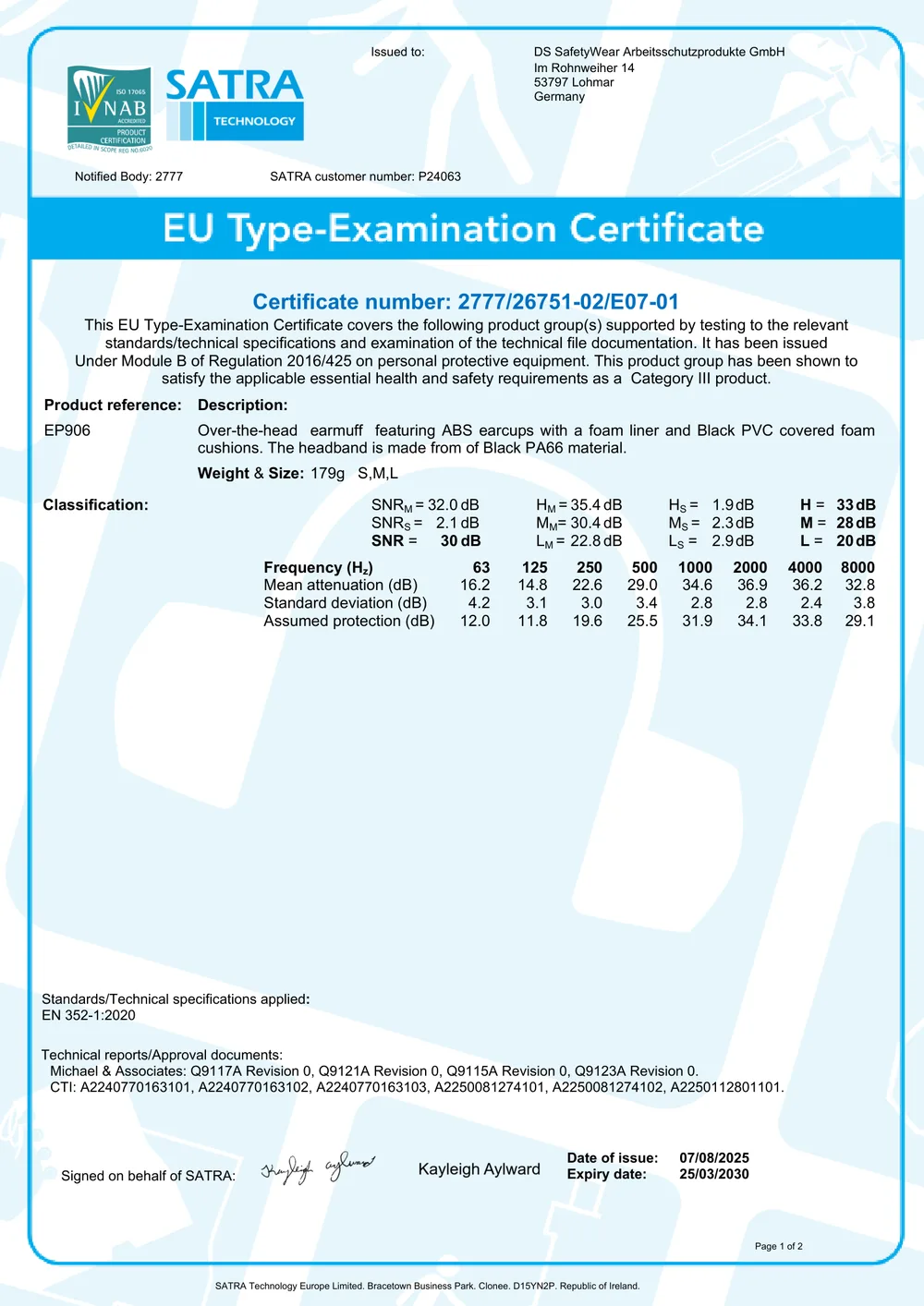 Page 1 of EU type-examination certificate 2777/26751-02/E07-01 from SATRA Technology Europe for the EarProtect EP906 earmuffs, with description, classification and frequency table